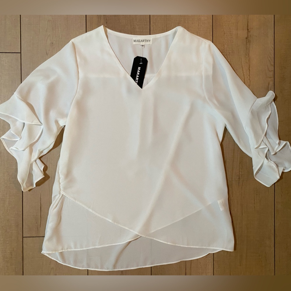 Makarthy Sheer White Blouse - Size M Lightweight V-Neck